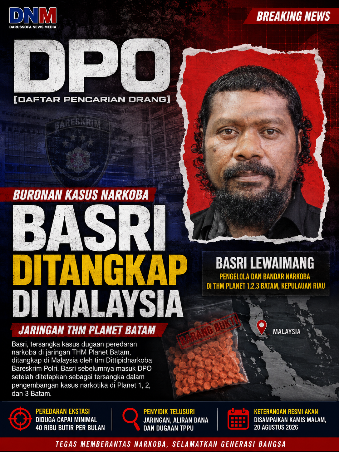 Basri Dikabarkan Ditangkap di Malaysia, Buronan Kasus Narkoba Jaringan THM Planet Batam